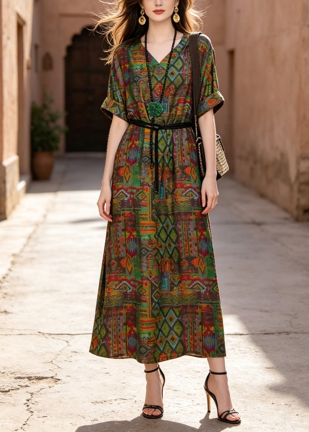 V-Neck Short Sleeve Belted Geometric Tribal Print Cotton Maxi Dress