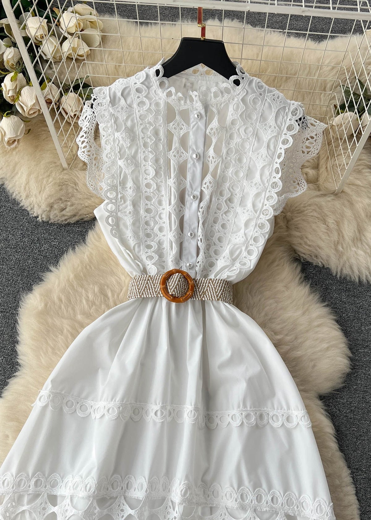 Mandarin Collar Eyelet Lace Tiered Scalloped Hem Straw Belt Dress