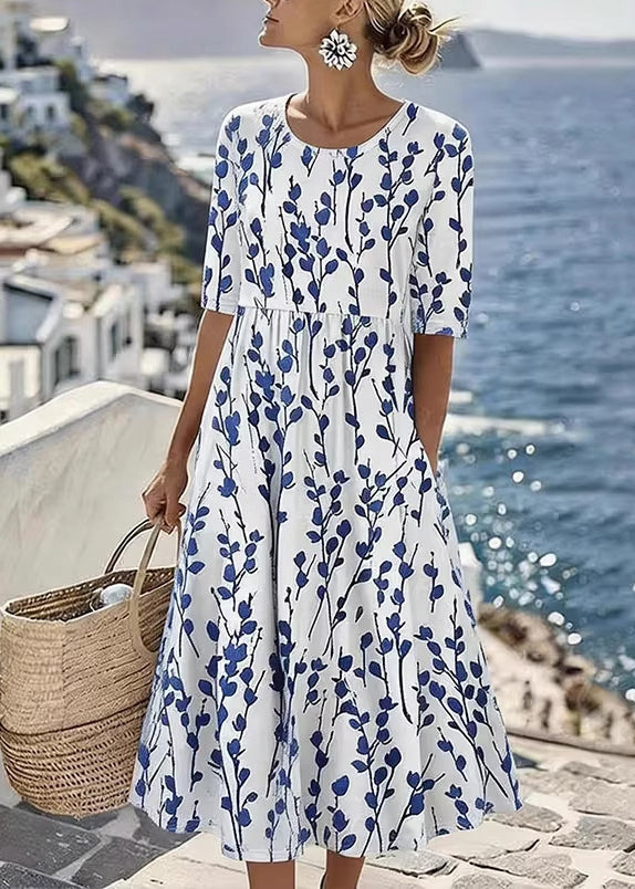Floral Print Round Neck Half Sleeve Pocket Maxi Dress