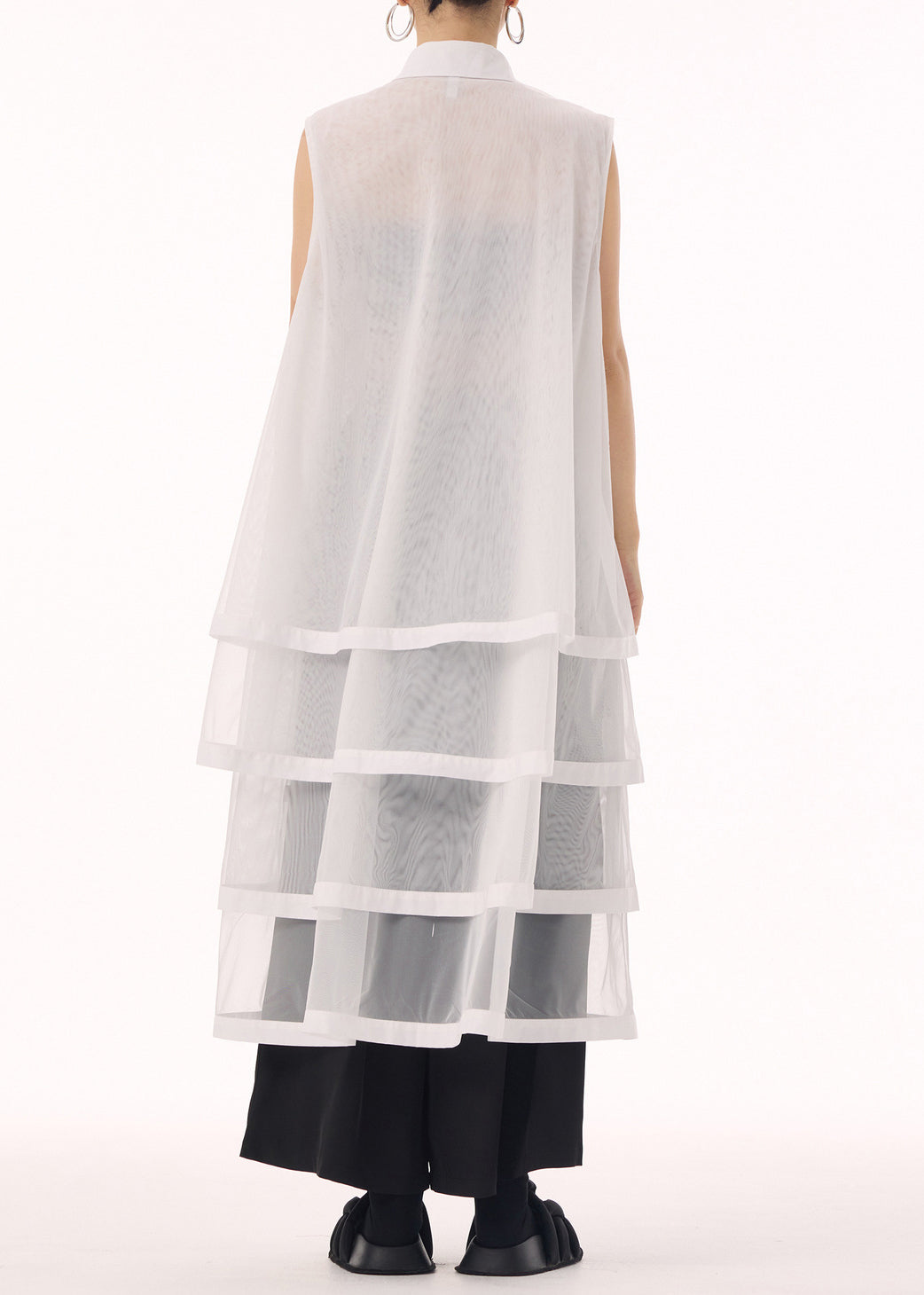Peter Pan Collar Sheer Mesh Tiered Sleeveless Shirt Dress