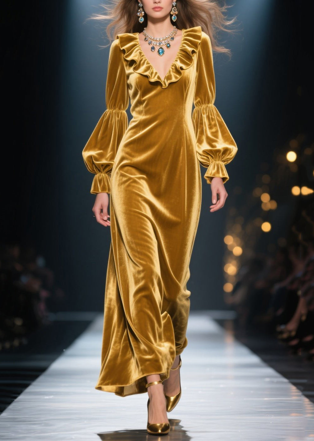 Ruffle Collar Deep V-Neck Velvet Balloon Sleeve Floor Length Maxi Gown