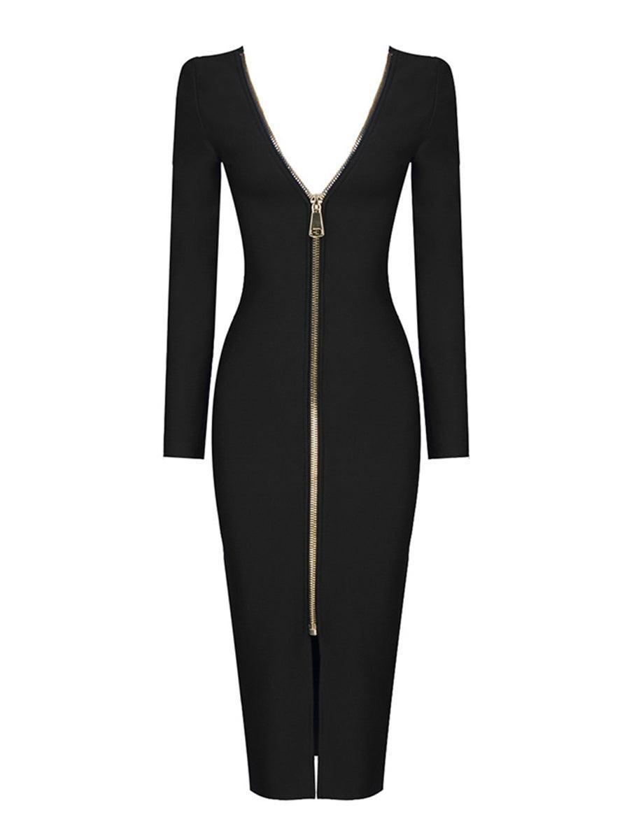 Long Sleeve Exposed Back Zip High Slit Bandage Midi Dress
