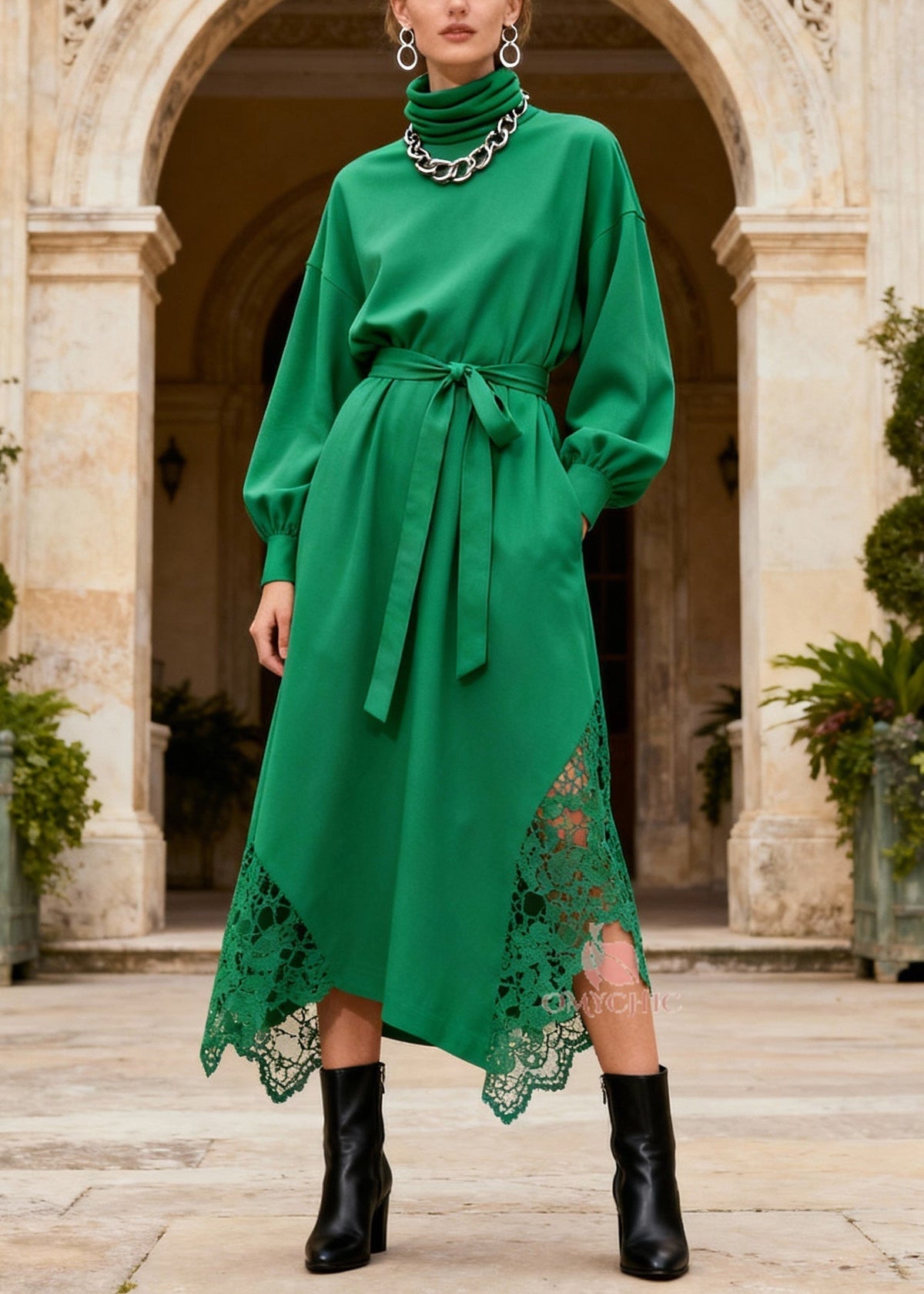 Turtleneck Sash Tie Lace Panel Insert Handkerchief Hem Midi Dress
