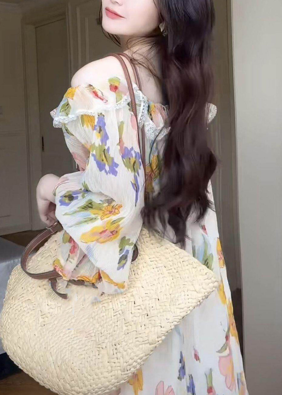 Off Shoulder Ruffle Trim Floral Print Bishop Sleeve Maxi Dress