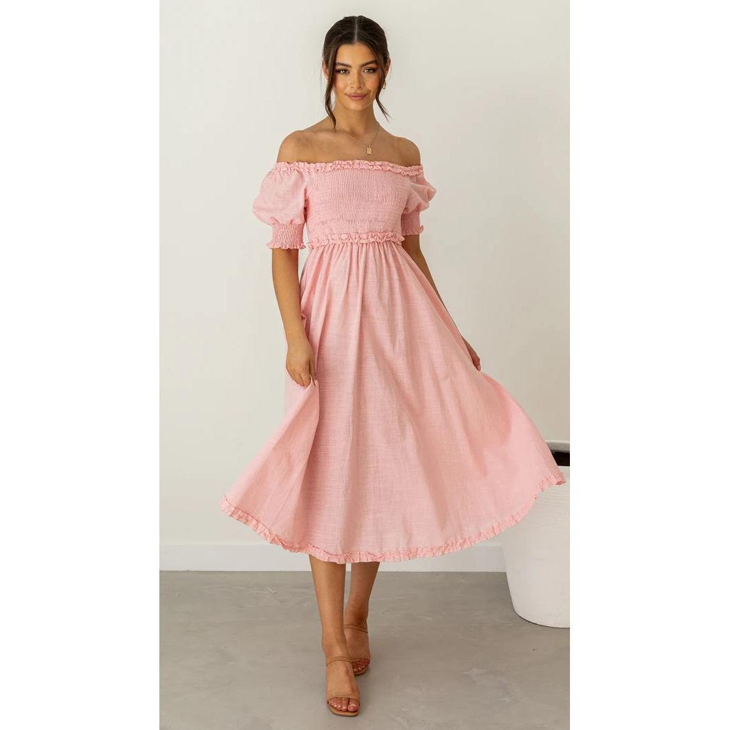 Off Shoulder Smocked Puff Sleeve Ruffle Trim Midi Dress