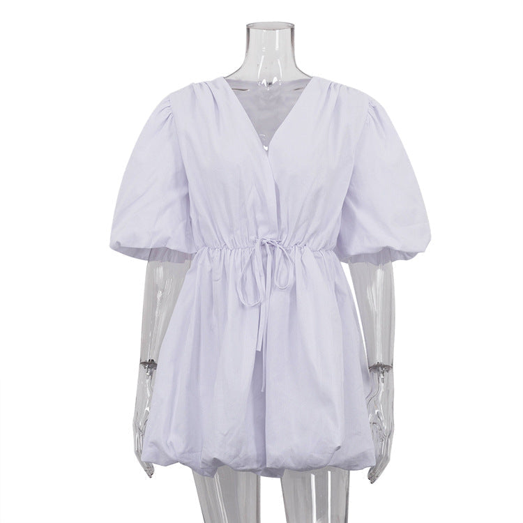 Lace Up Waist Puff Sleeve V-Neck Bubble Hem Mini Dress