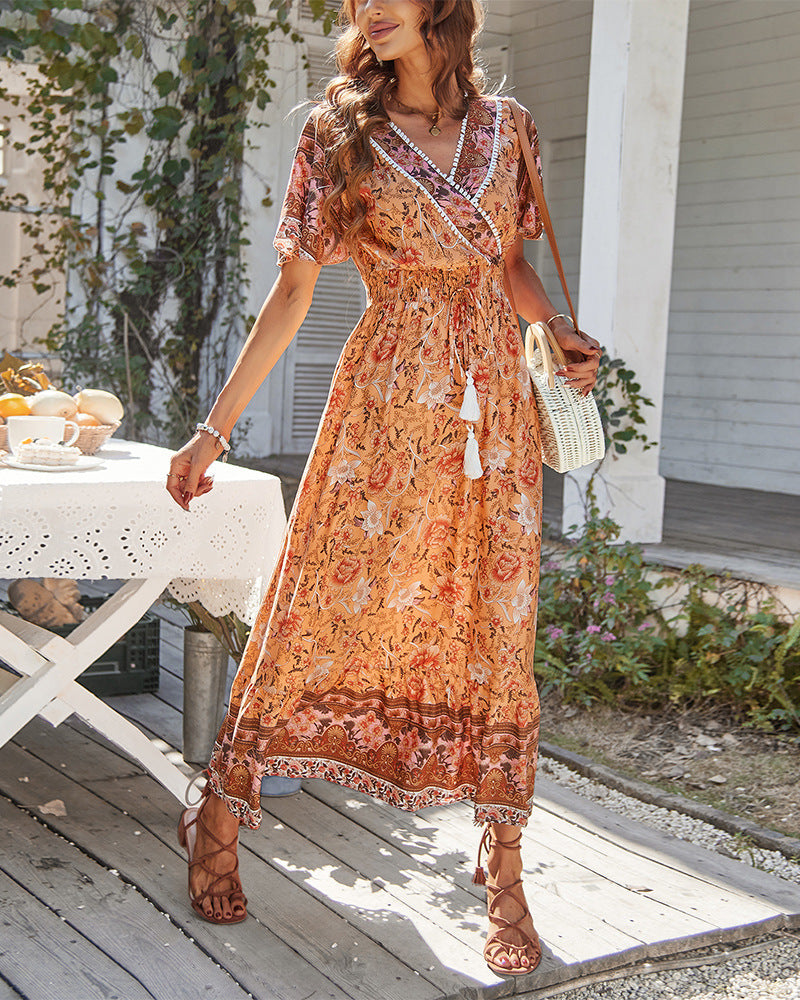 Wrap V Flutter Sleeve Smocked Drawstring Tiered Border Maxi Dress