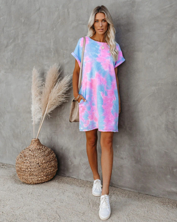 Crew Neck Rolled Cuff Short Sleeve Tie Dye Oversized T-Shirt Mini Dress