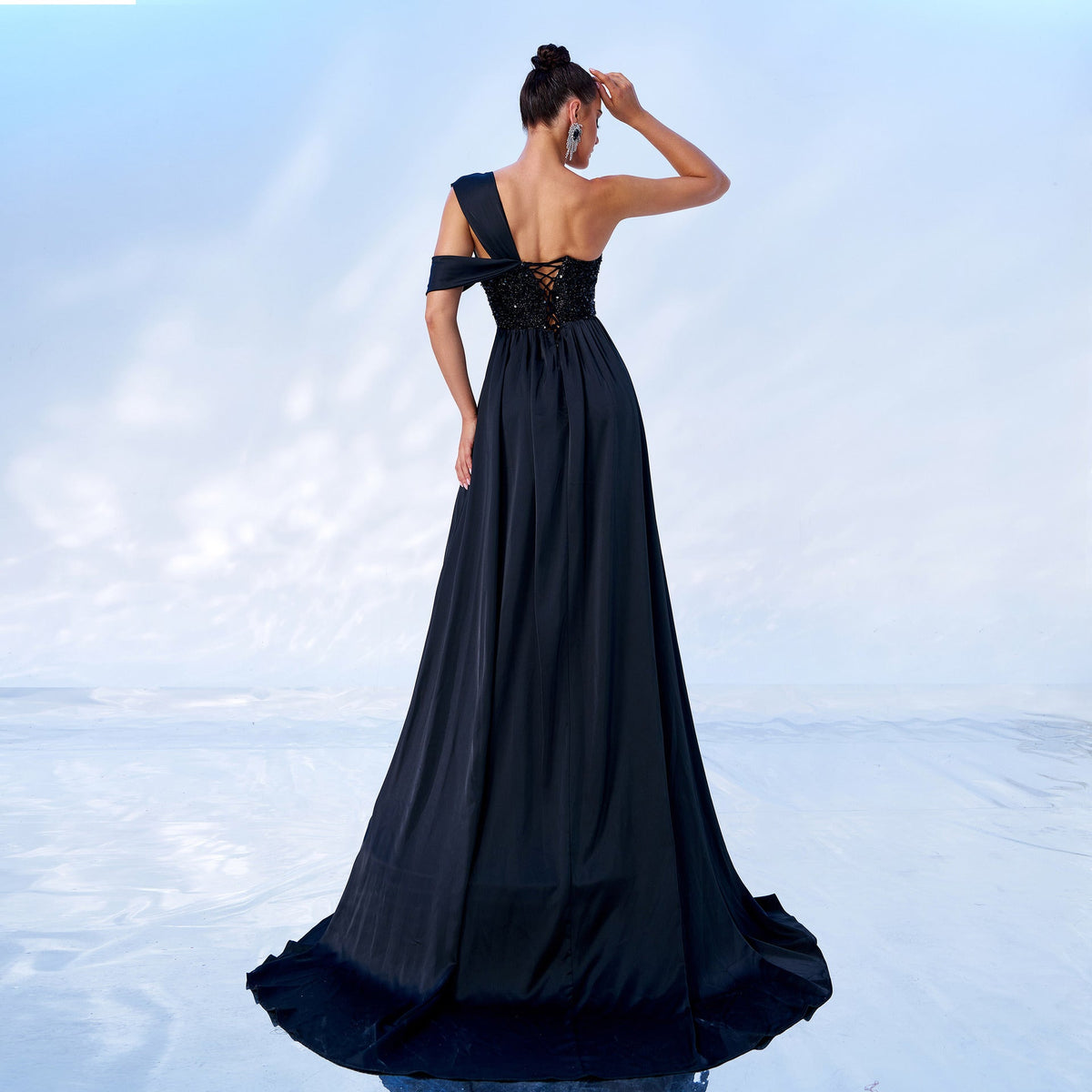 Sweetheart Mesh Panel Draped Strap Sequin Corset Thigh Slit Maxi Gown