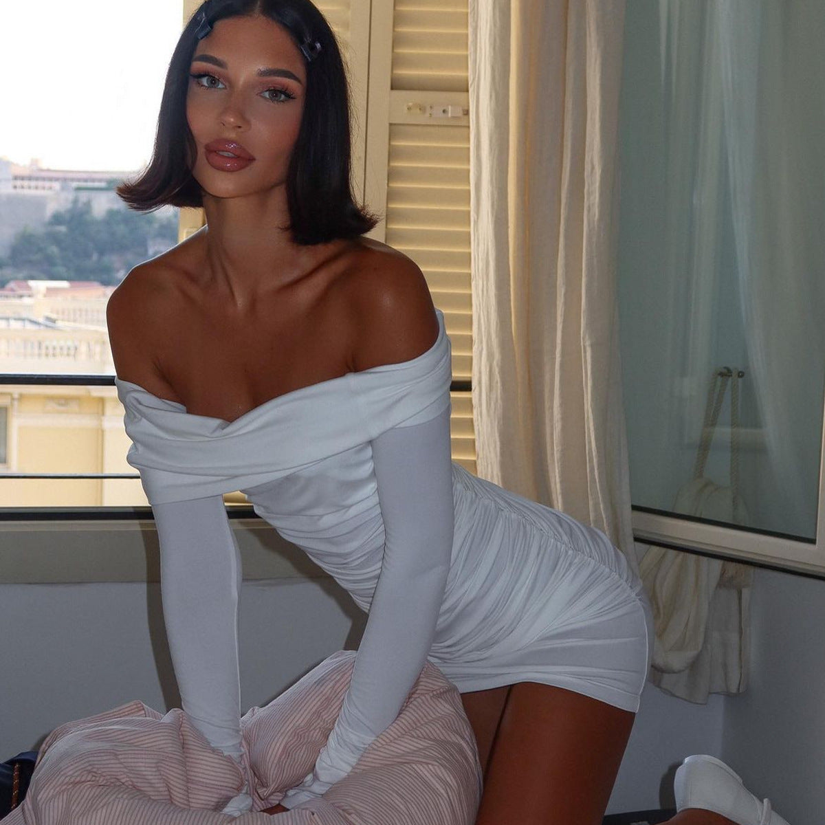 Off Shoulder Foldover Band Ruched Long Sleeve Bodycon Mini Dress