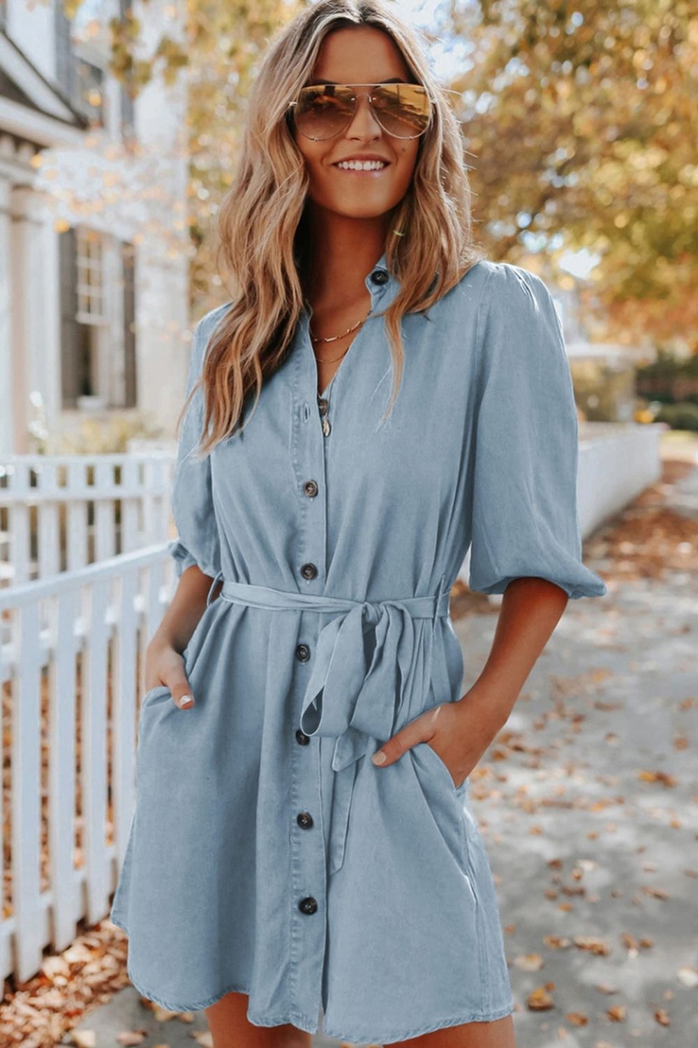 Collared V Neck Button Front Tie Waist Chambray Shirt Dress
