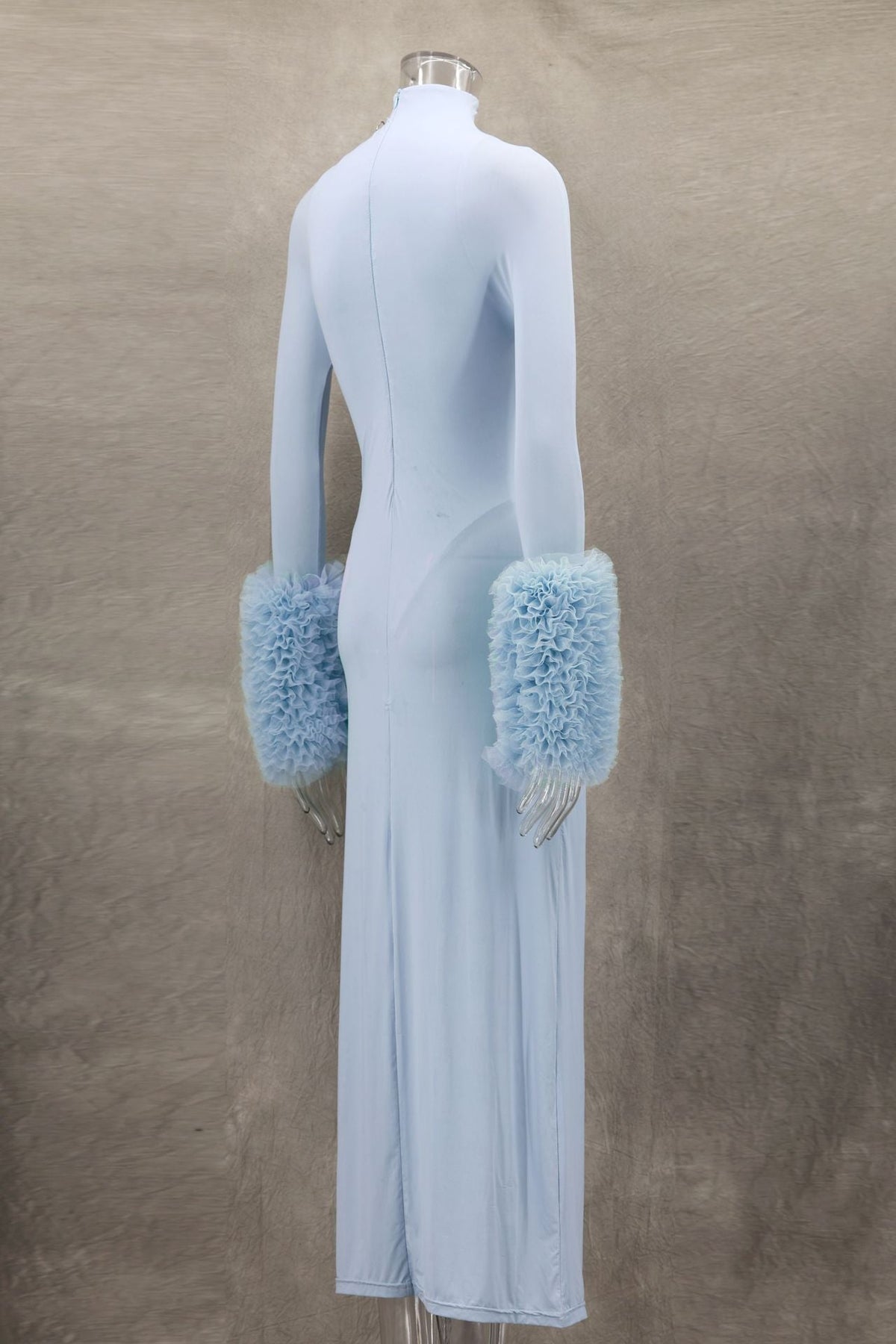 Mock Neck Ribbed Knit Oversized Ruffle Cuff Column Maxi Gown