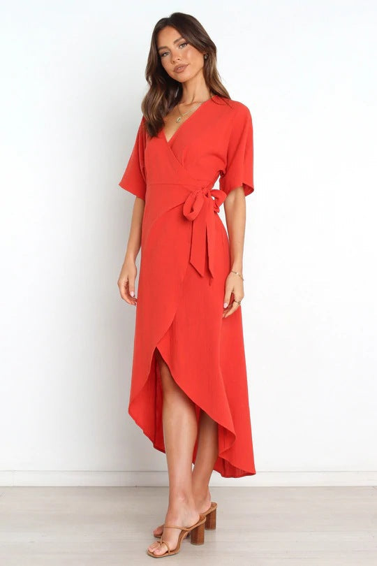 Deep V-Neck Flutter Sleeve Wrap Tie Waist High Low Hem Midi Dress