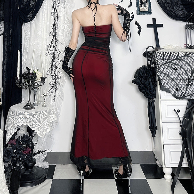Contrast Mesh Sweetheart Lace Up Halter Ruched Bodycon Maxi Dress