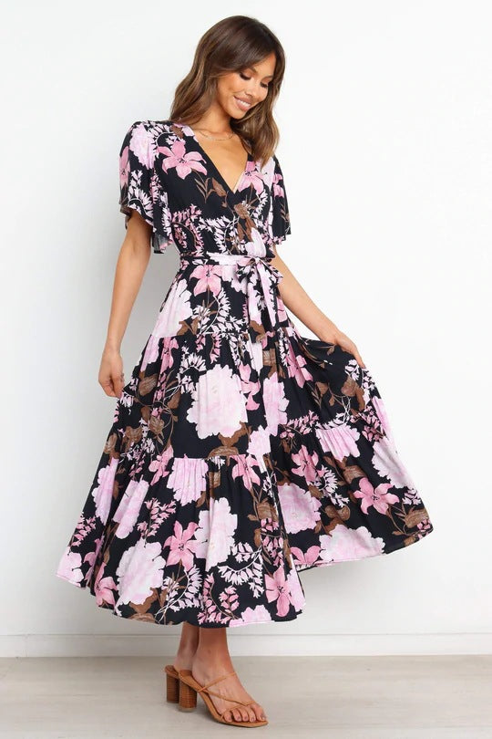 Deep V Neck Wrap Tie Waist Flutter Sleeve Tiered Floral Maxi Dress