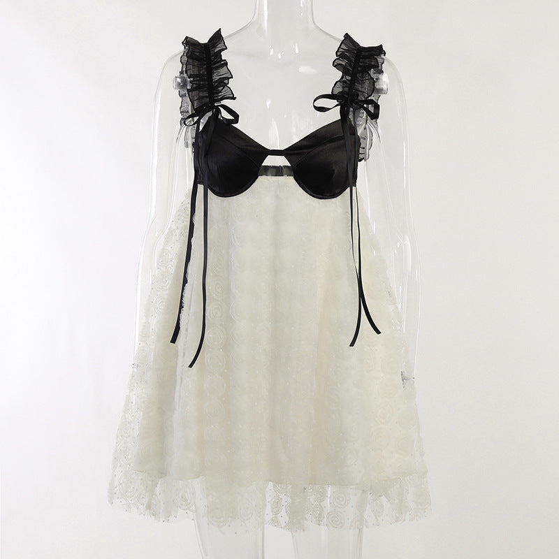Bustier Lace Stitching Floral Rosette Applique Empire Babydoll Mini Dress