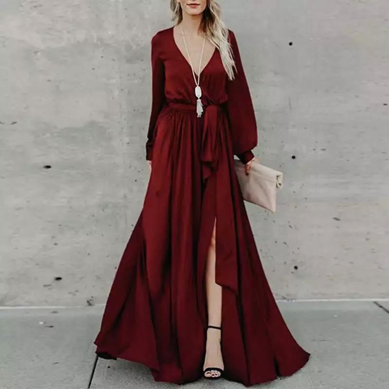 Deep V Neck Bishop Sleeve Tie Waist Wrap Side Slit Maxi Dress
