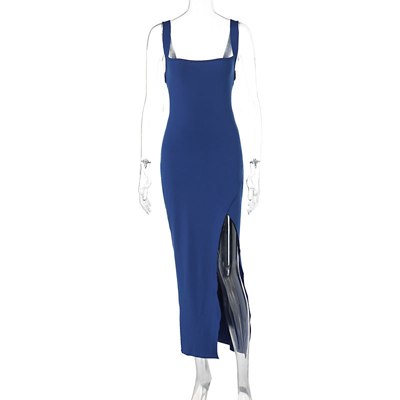 Square Neck Sleeveless High Slit Bodycon Maxi Dress