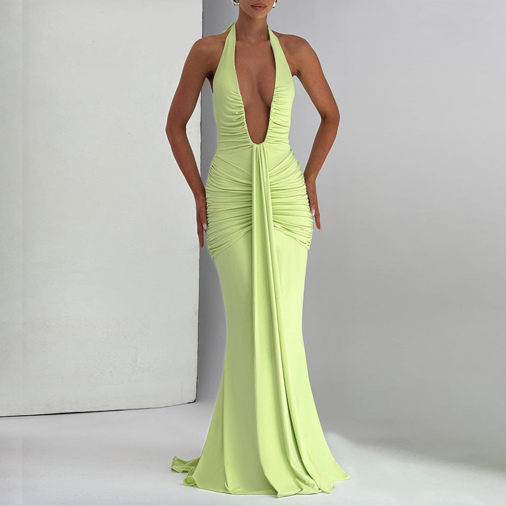 Halter Deep Plunge Ruched Column Maxi Dress