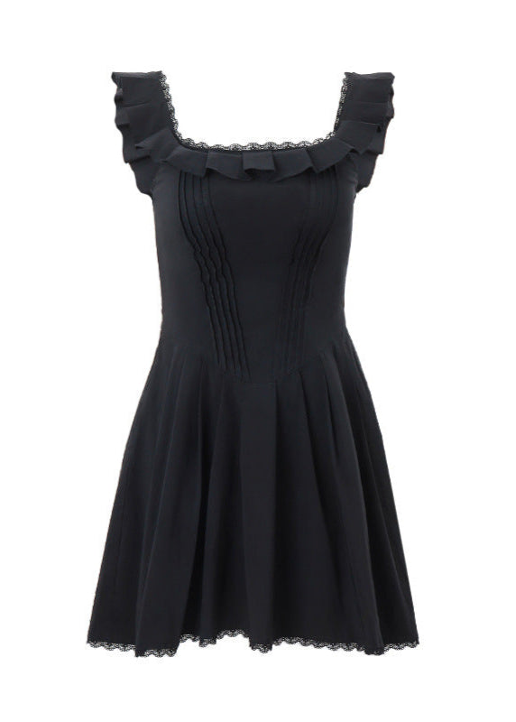 Square Neck Ruffle Trim Corset Seam Pleated Mini Dress
