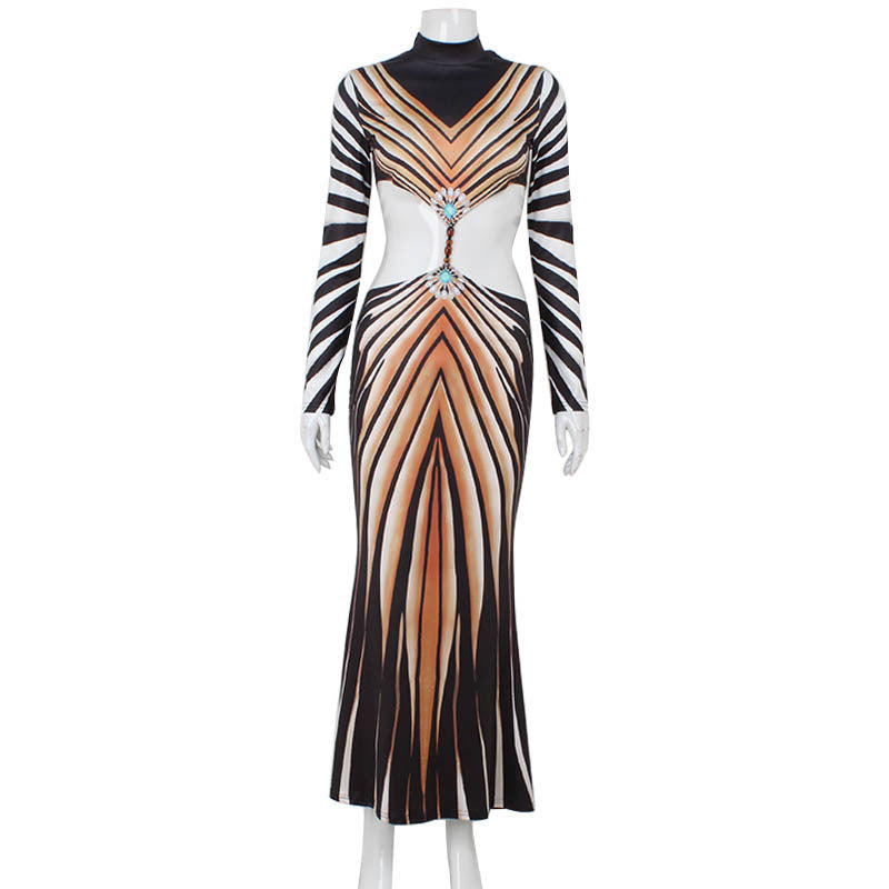 Striped Sunburst Print Mock Neck Waist Cutout Backless Maxi Dress
