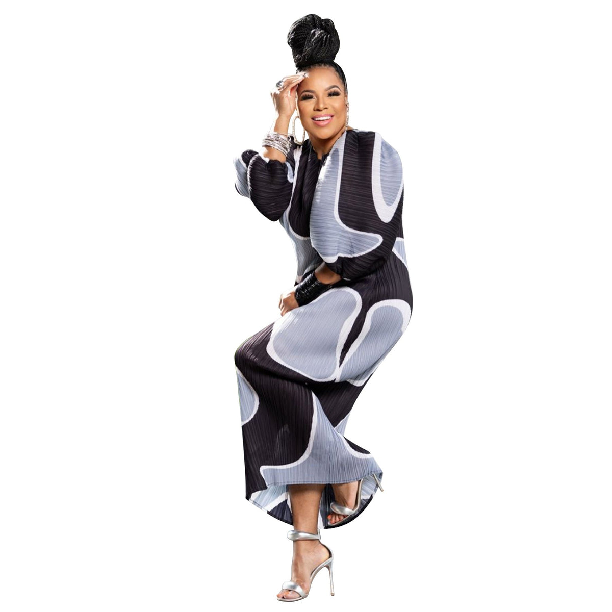 Crew Neck Puff Sleeve Abstract Print Plisse Belted Midi Dress