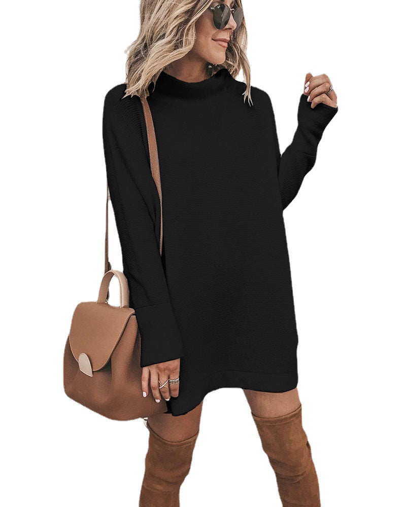 Mock Neck Drop Shoulder Rib Knit Oversized Mini Sweater Dress