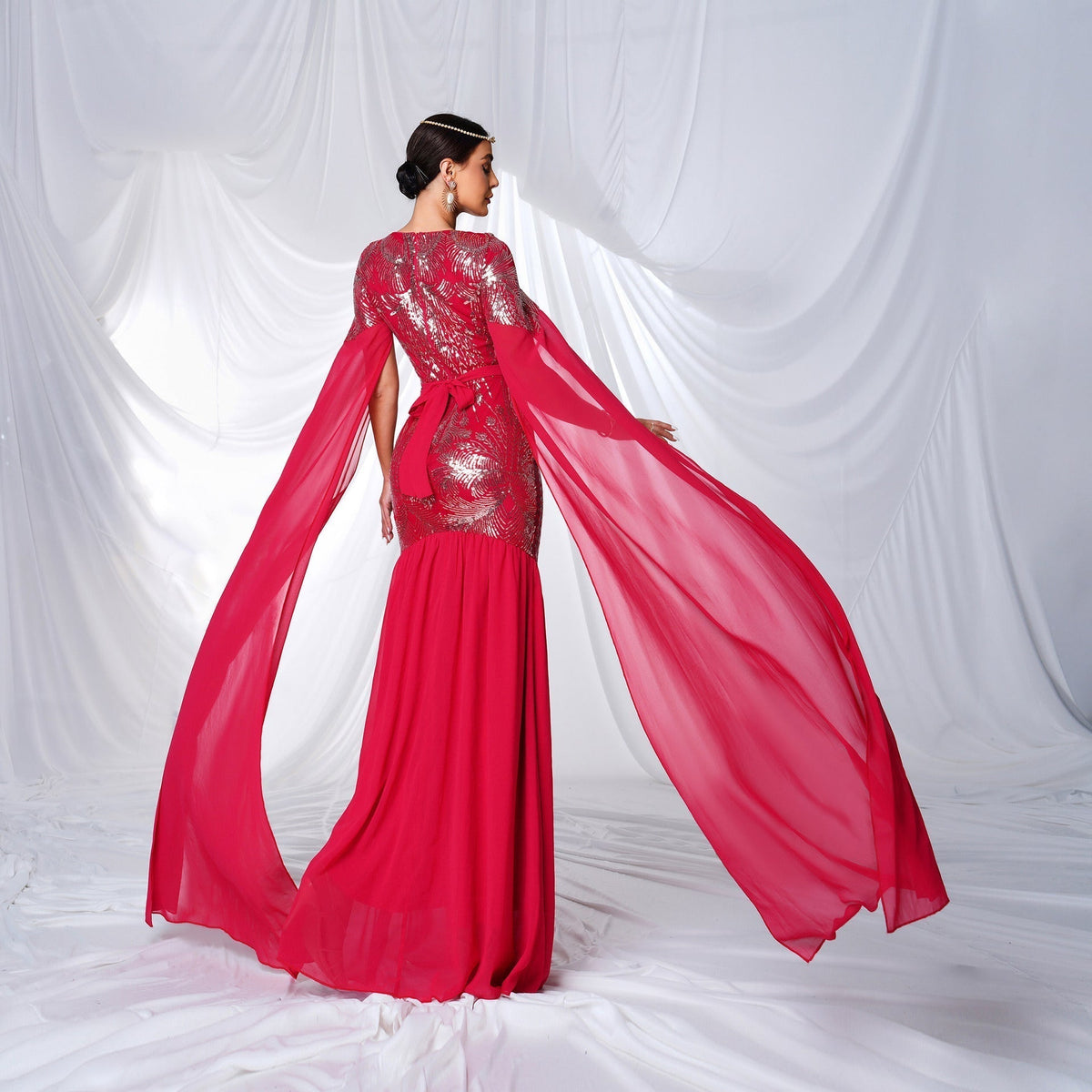Sequin Feather Motif Belt Cape Sleeve Mermaid Maxi Gown