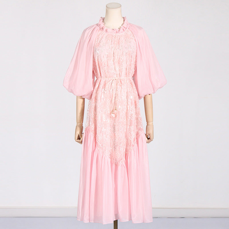 Ruffle Collar Puff Sleeve Lace Sequin Embroidered Drawstring Waist Midi Dress