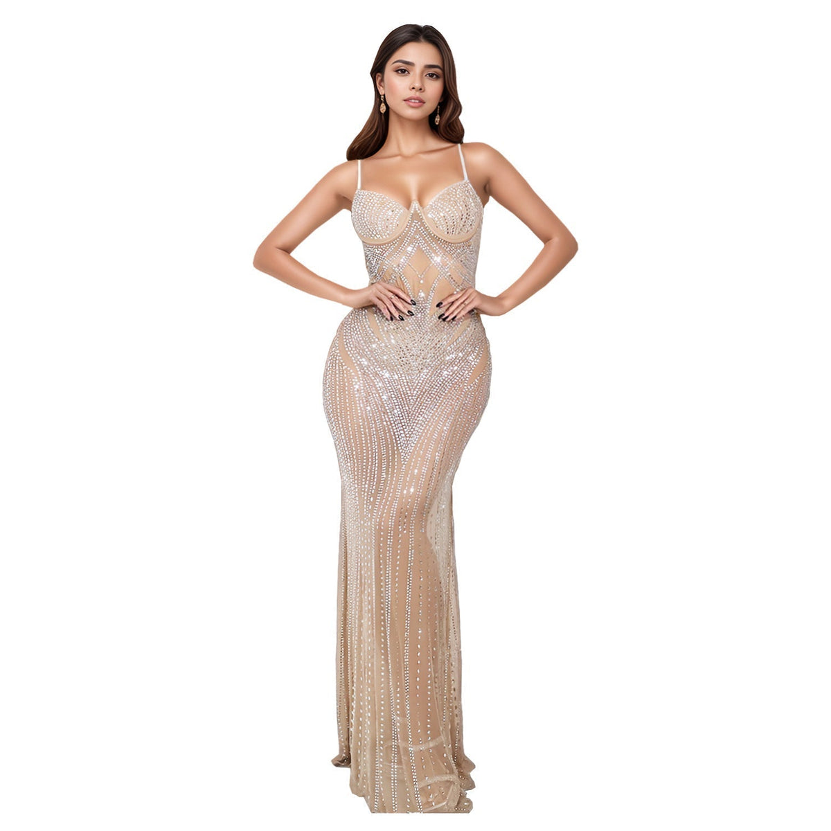 Rhinestone Geometric Sweetheart Spaghetti Strap Bodycon Maxi Dress