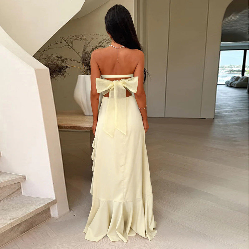 Strapless Ruffle Trim Side Slit Maxi Dress