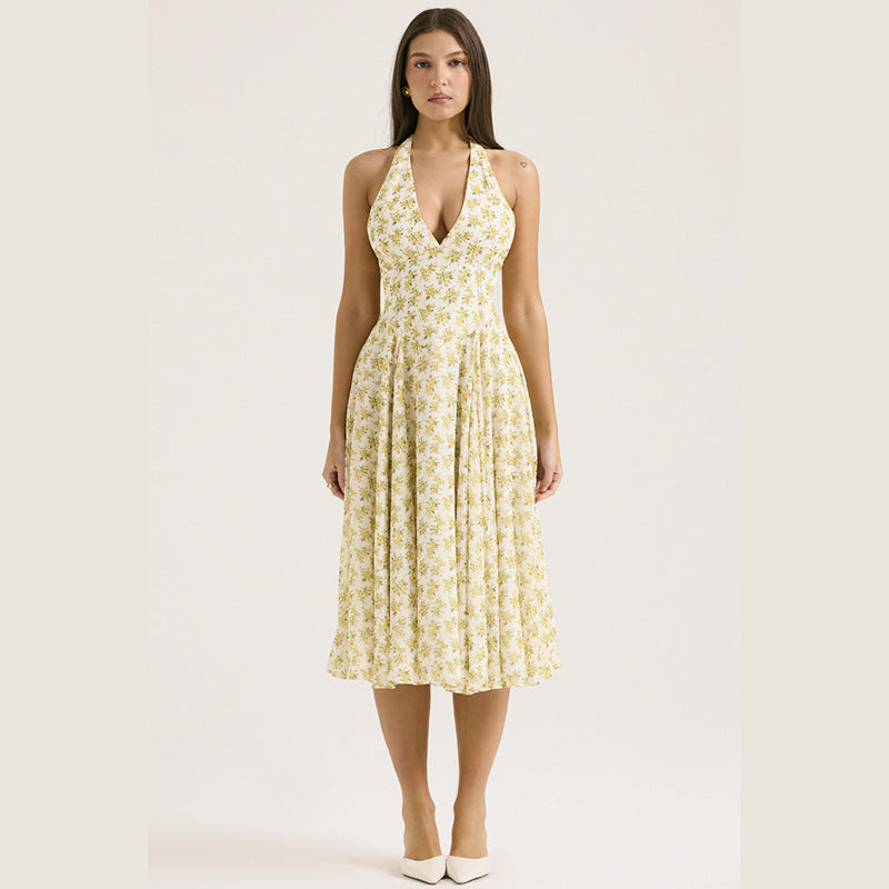 Deep V Plunge Floral Print Halter Backless A-Line Ruffle Hem Midi Dress
