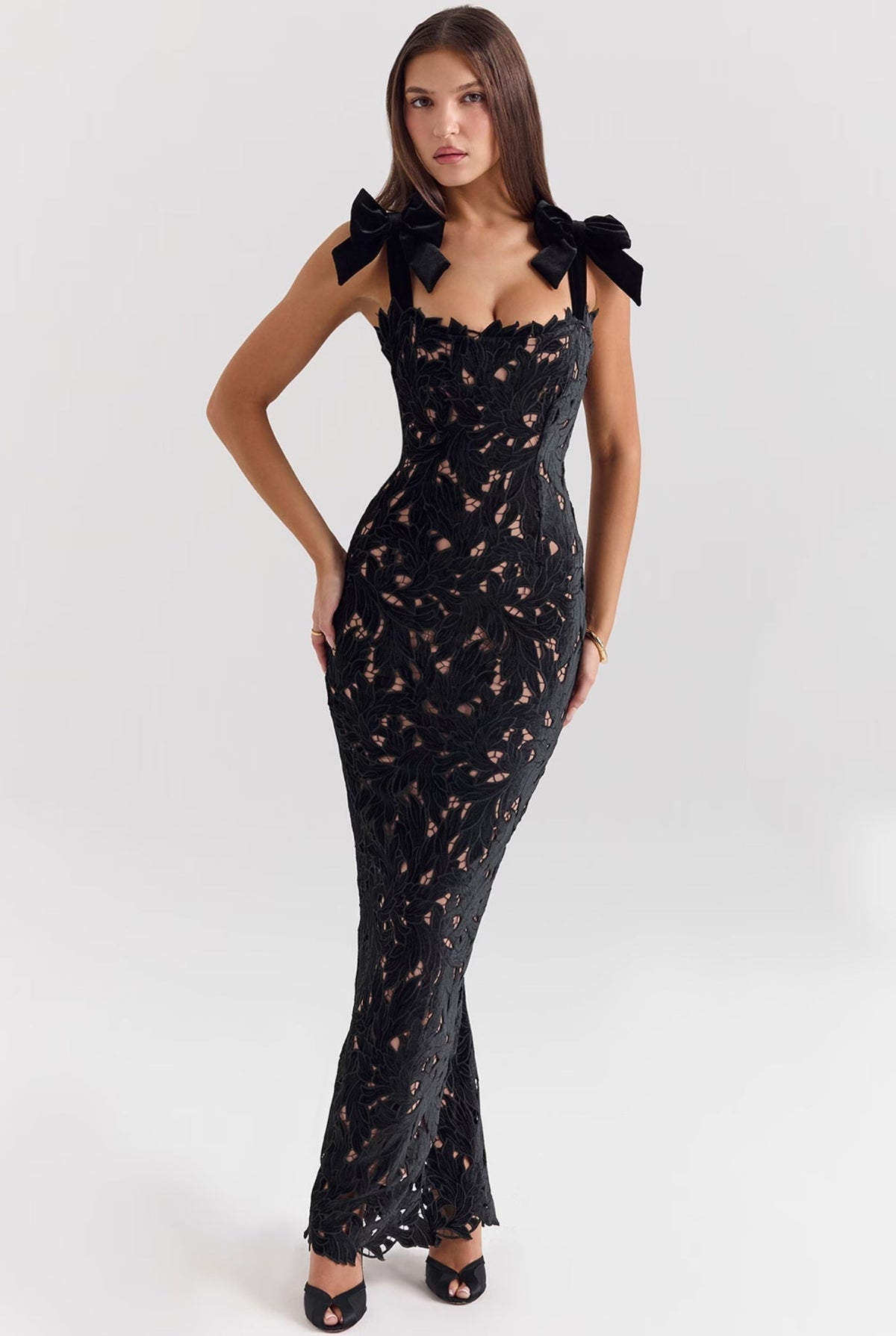 Tie Shoulder Floral Lace Overlay Column Maxi Dress