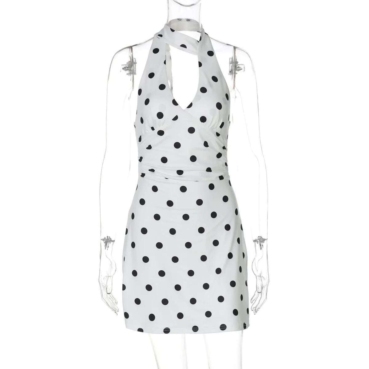 Polka Dot Halter Mini Dress with Ribbon Detail