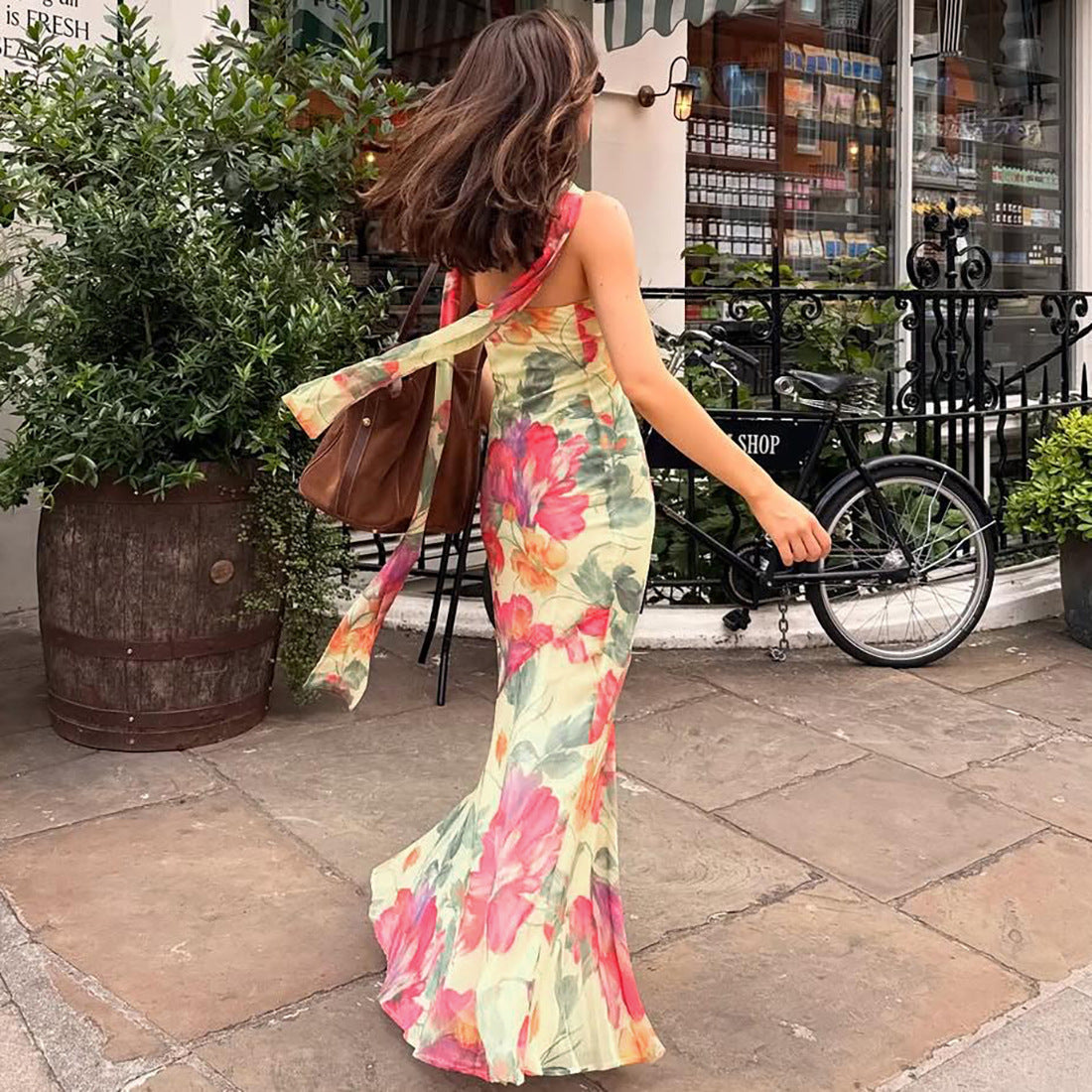 Strapless Floral Print Matching Scarf Neck Bodycon Maxi Dress