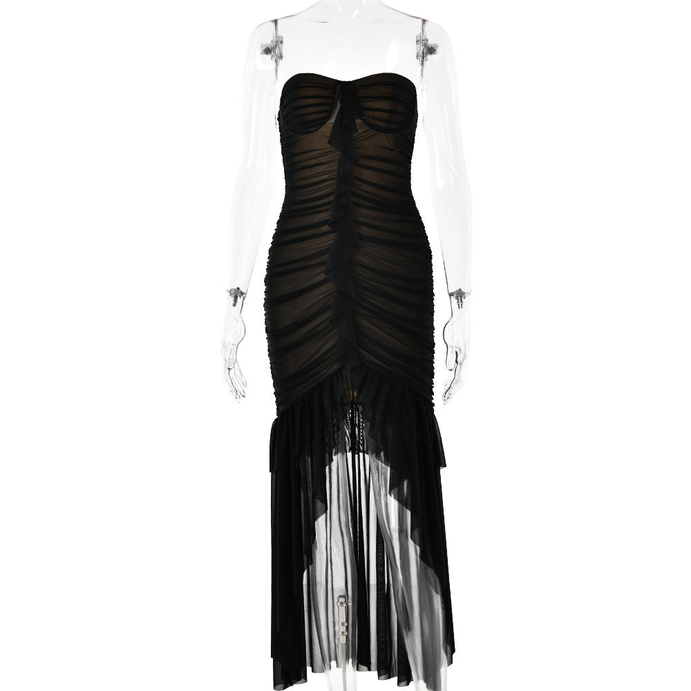 Strapless Ruched Mesh Ruffle Front High Slit Tiered Maxi Dress