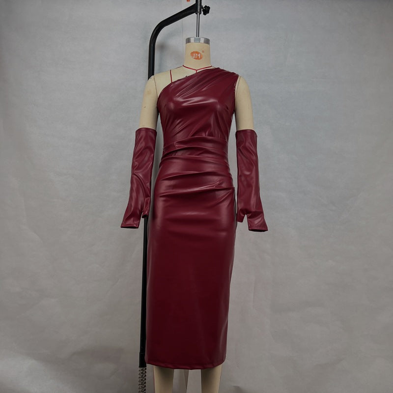 One Shoulder Faux Leather Ruched Waist Column Midi Dress