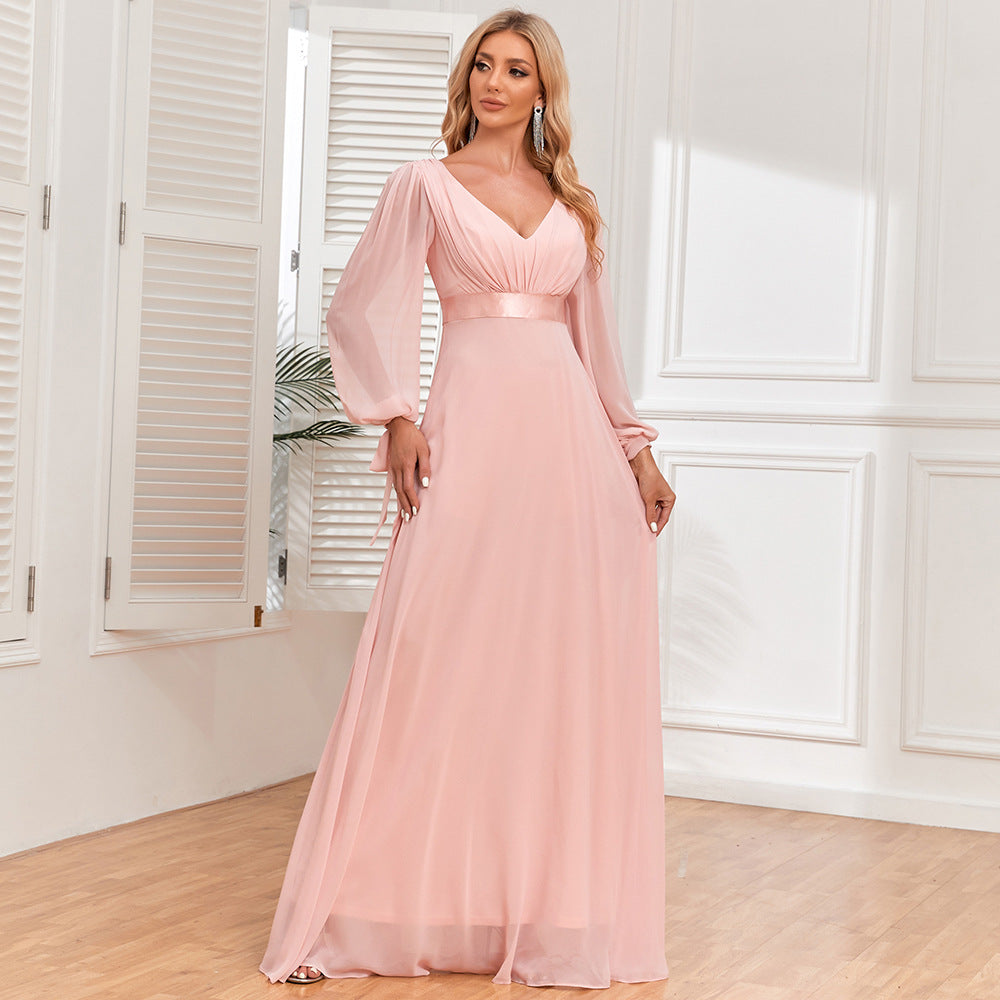 Surplice V Neck Bishop Sleeve Tie Cuff Elastic Waist Chiffon Maxi Dress
