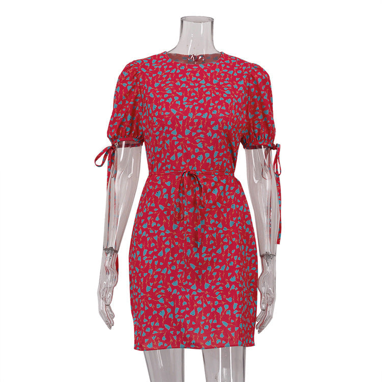 Floral Print Tie Cuff Puff Sleeve Tie Waist Mini Dress