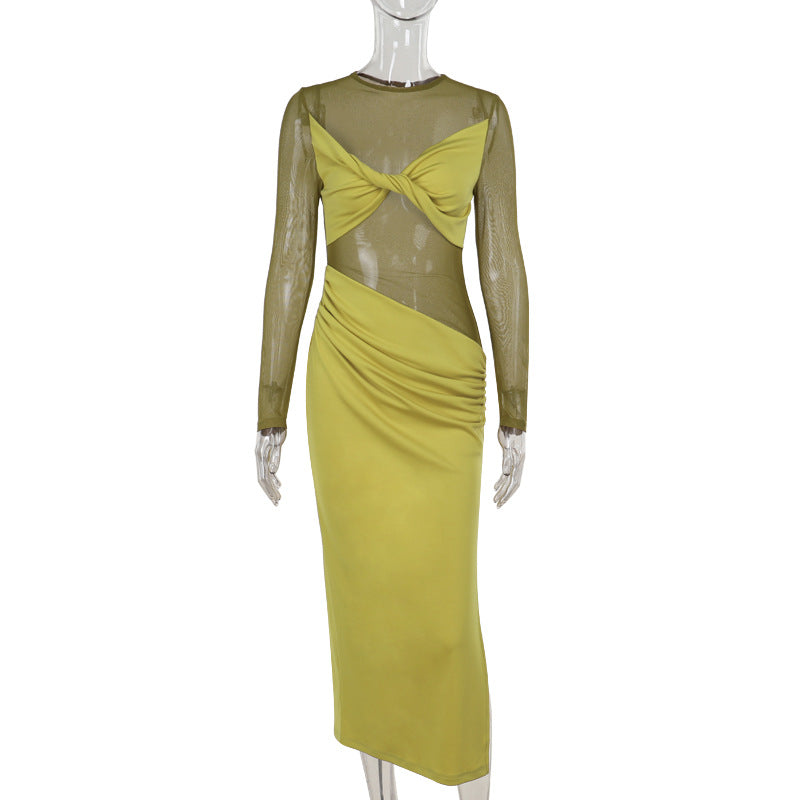 Sheer Mesh Twist Knot Bodice Ruched Waist Long Sleeve Maxi Dress