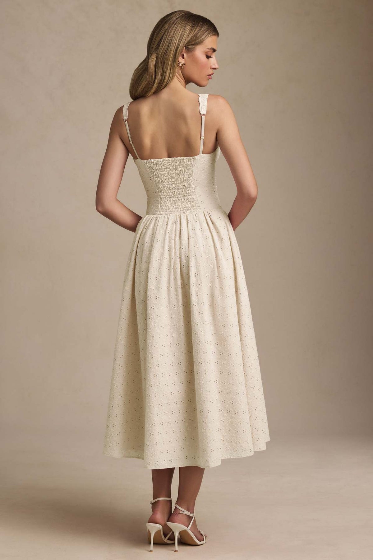 Eyelet Lace Deep V Bow Front Corset Bodice Full Skirt Midi Dress