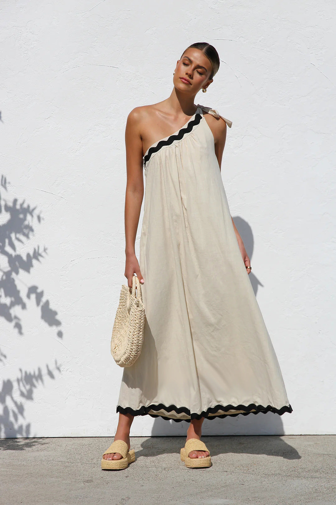 One Shoulder Ric Rac Trim Tie Shoulder Maxi Dress