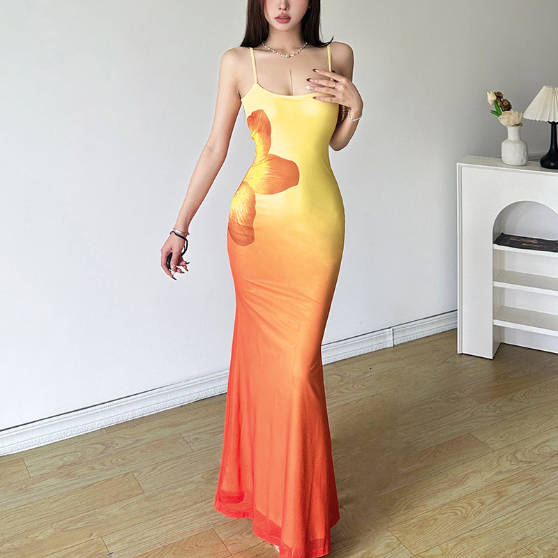 Ombre Print Square Neck Contrast Trim Backless Cami Midi Dress