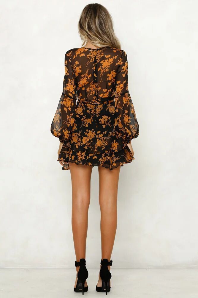 Deep V-Neck Flutter Sleeve Belted Ruffle Layer Floral Print Mini Dress