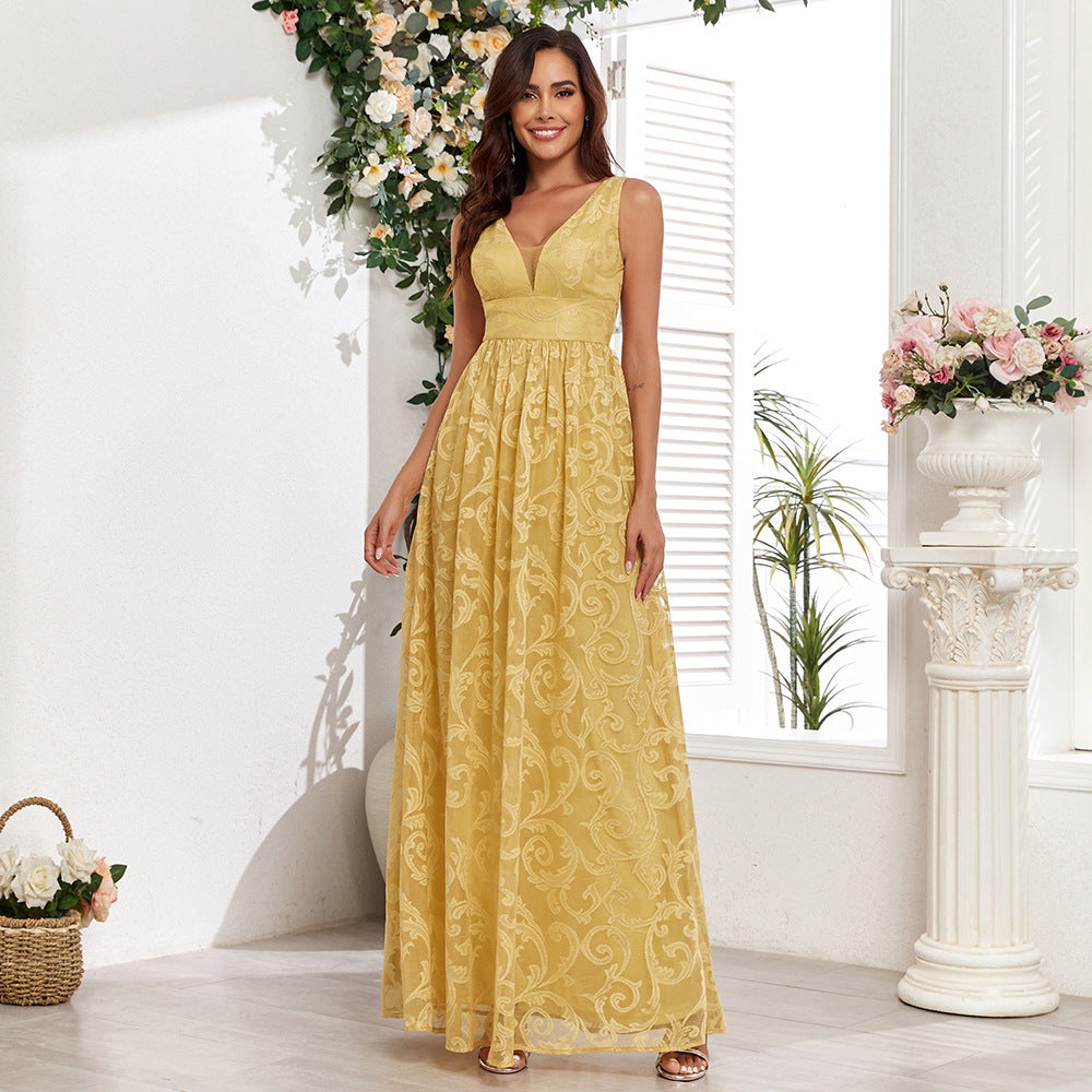 Double V Neck Sleeveless Scroll Lace Embroidered Empire Waist Maxi Gown