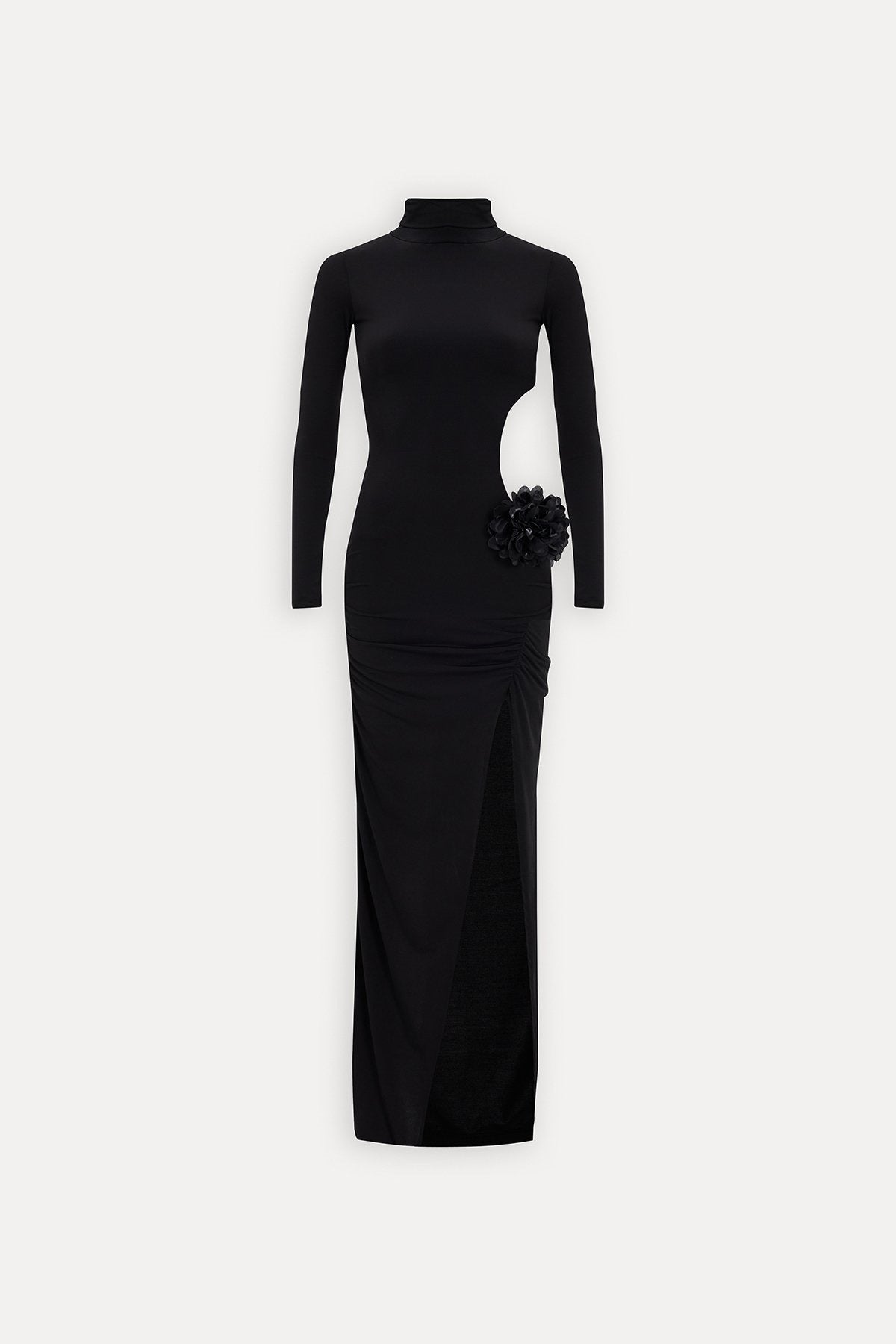 Mock Neck Long Sleeve Waist Cutout 3D Floral Applique Slit Maxi Gown