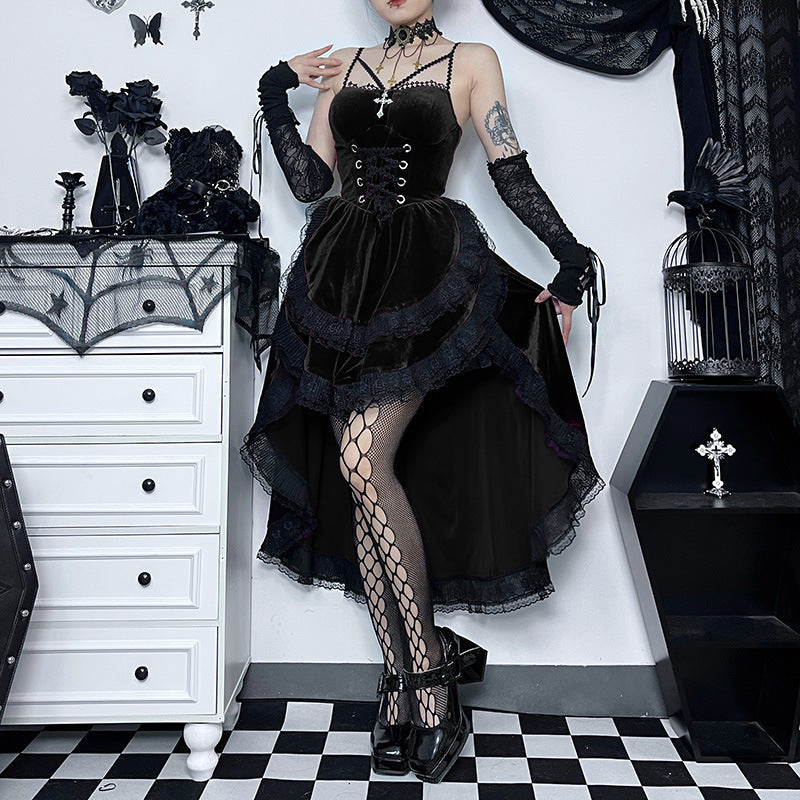 Lace Up Corset Cross Strap Velvet Lace Trim Hi-Lo Ruffle Dress