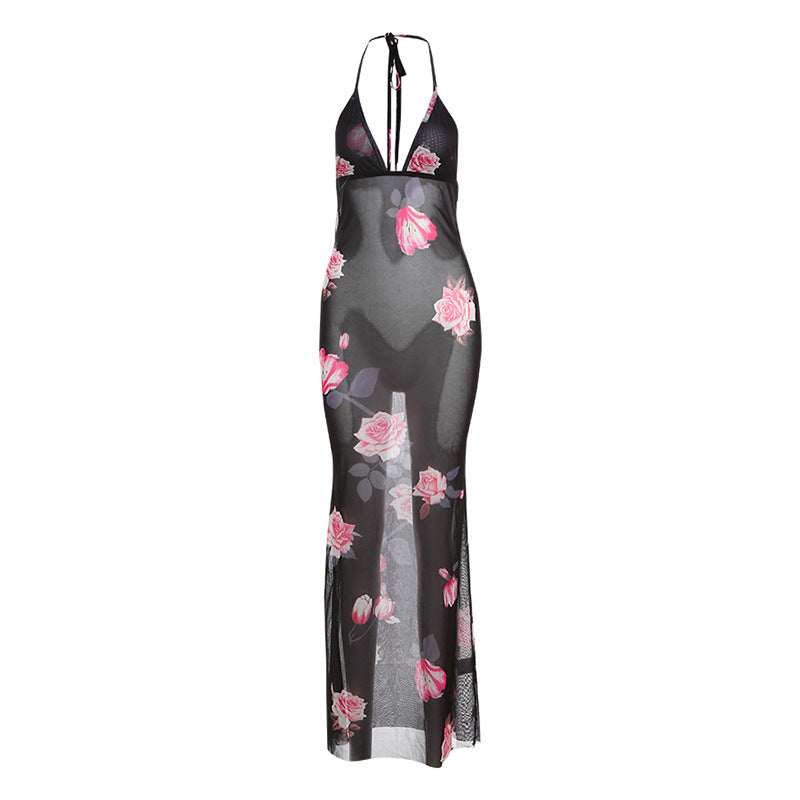 Large Floral Print Halter Neck Deep V Backless Maxi Slip Dress