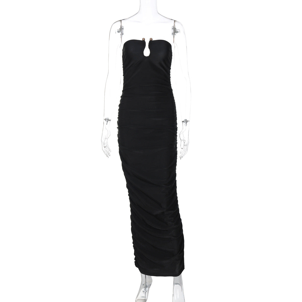 Strapless Bust Cutout Horizontal Ruched Bodycon Floor Length Maxi Dress