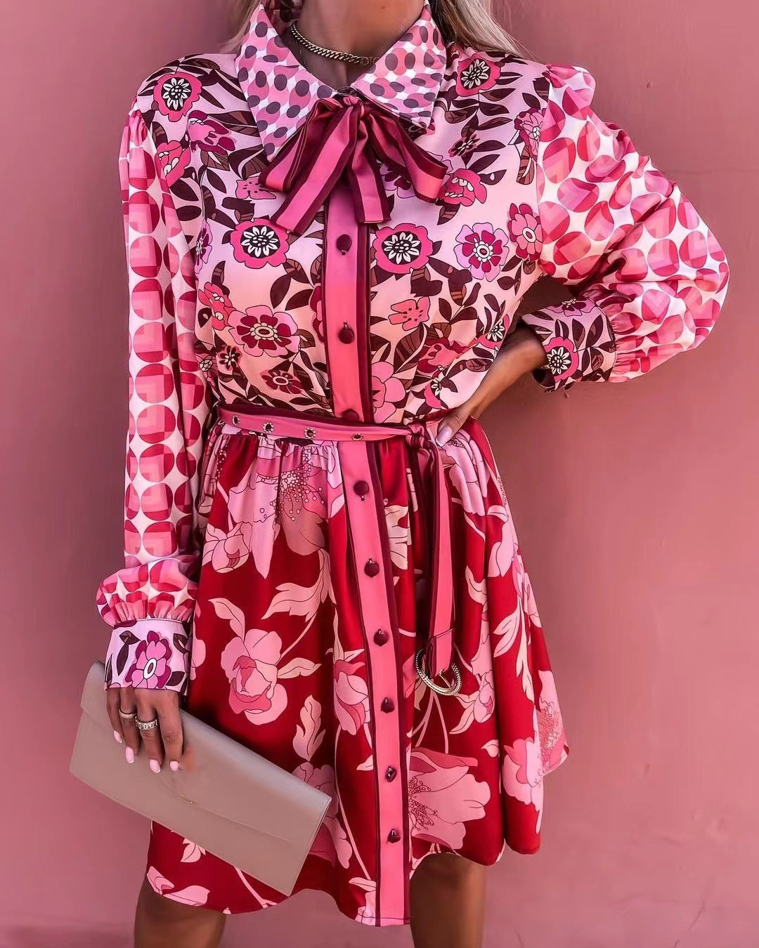 Mixed Print Satin Button Down Shirt Dress